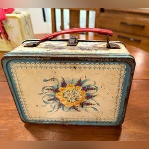 Vintage 1950s Thermos Corsage Flower Metal Lunchbox – Blue Floral Design